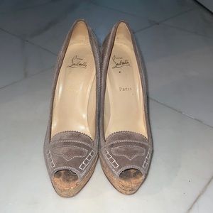 Beige suede with white stitching authentic Christian Louboutin wedge heels.